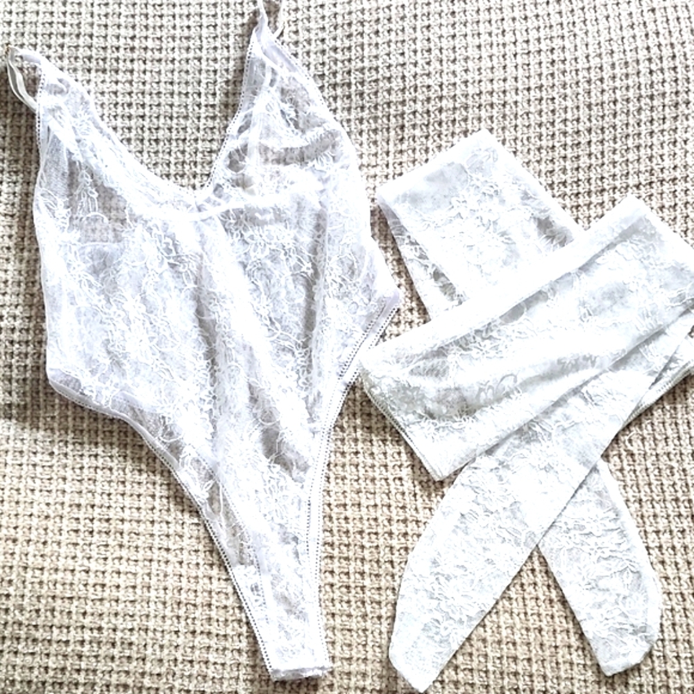 White Lace Bodysuit and Stockings Set